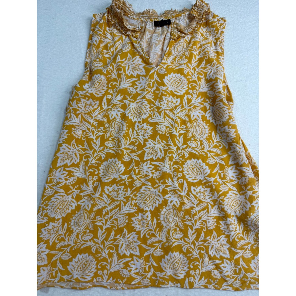 Talbots Womens Medium Yellow White Floral Paisley Ruffle Neck Sleeveless Blouse
